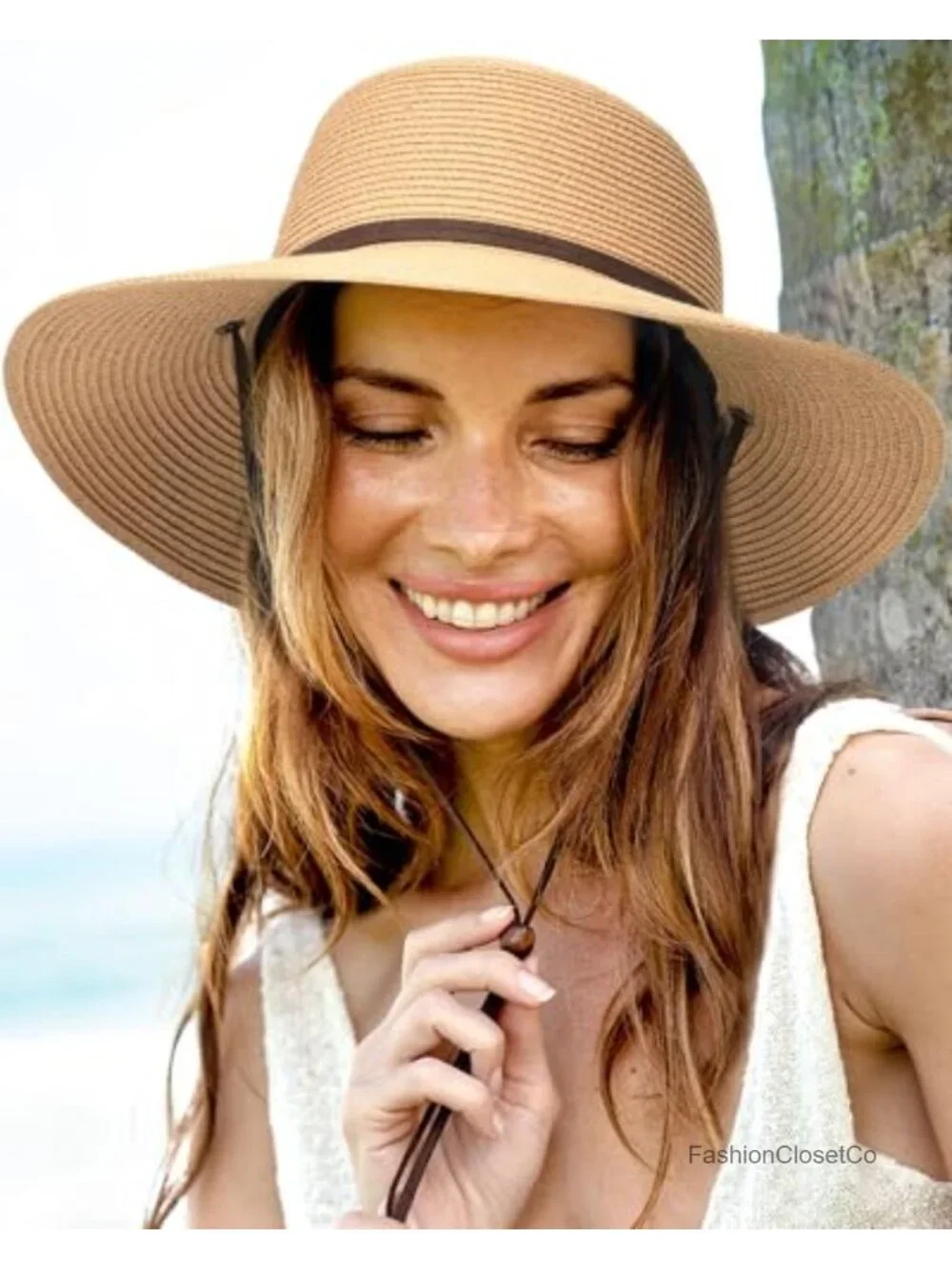 Wide Brim Sun Hat with Wind Lanyard UPF 50+ Straw Foldable Beach Hat